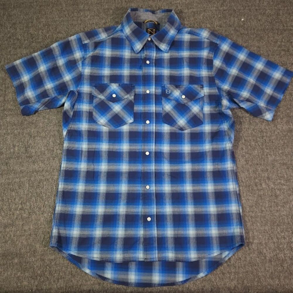 Noble Outfitters Men's Medium Blue Plaid Pearl Snap Shirt Short Sleeve